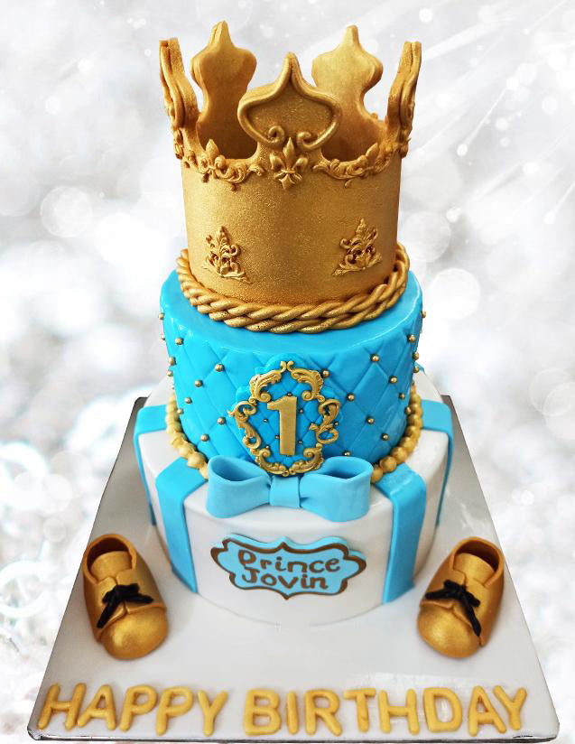 First Birthday Prince Crown and Shoes Two Tier Theme Cake