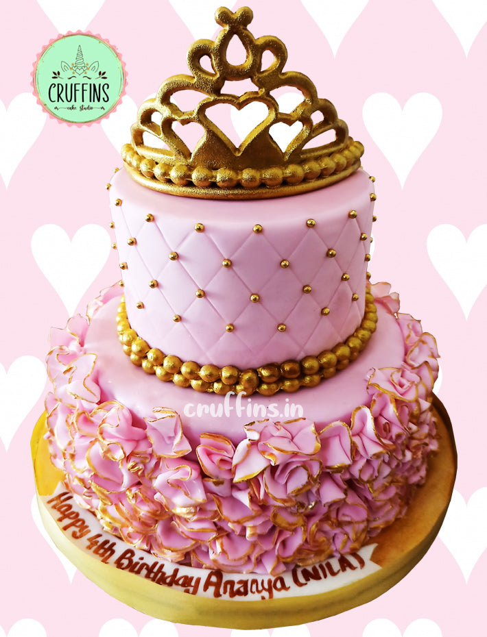 Princess Pink Ruffles Crown Two Tier Cake