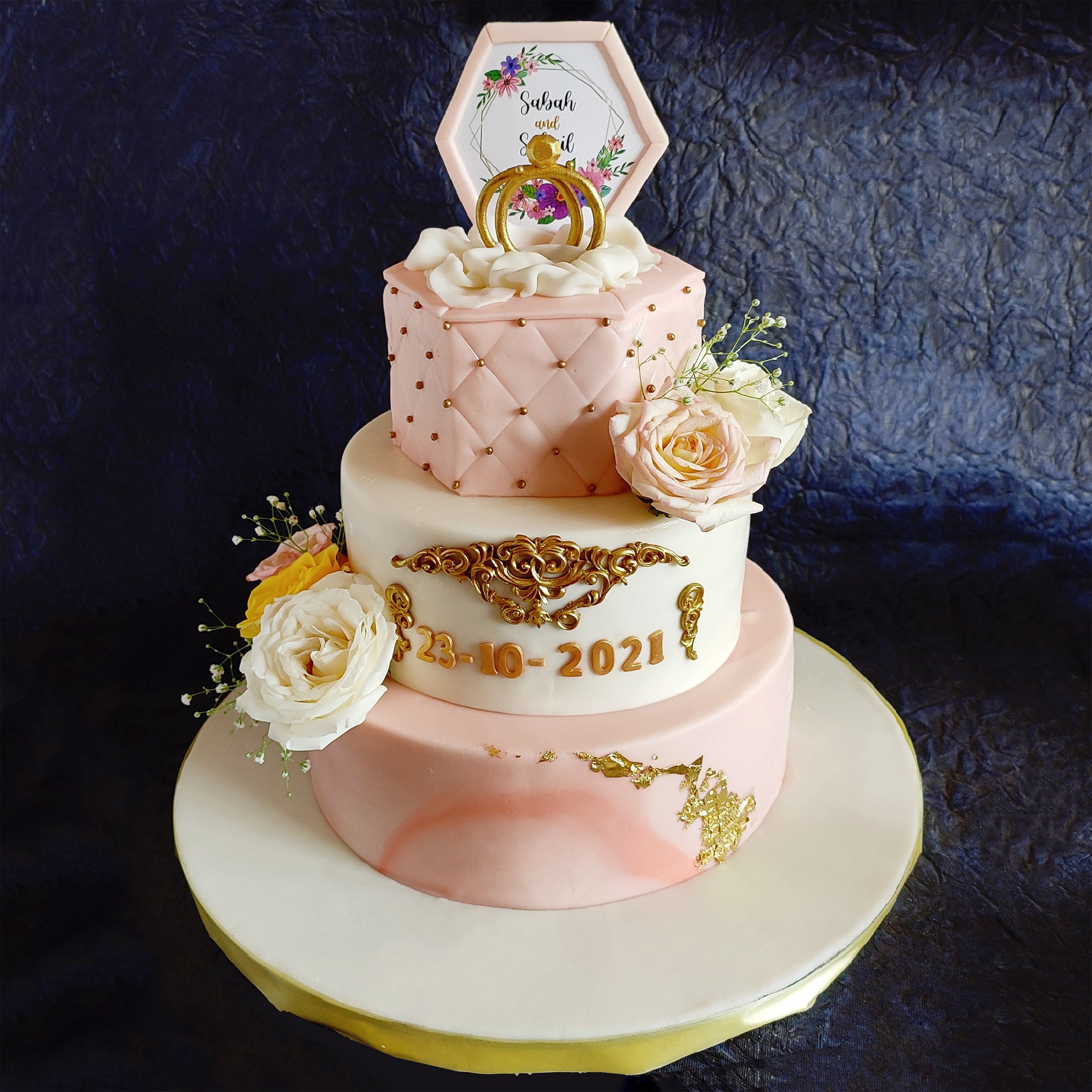 Fondant covered baby blue 3 tier cake covered in gold sanding sugar – Get  Caked by Lisa